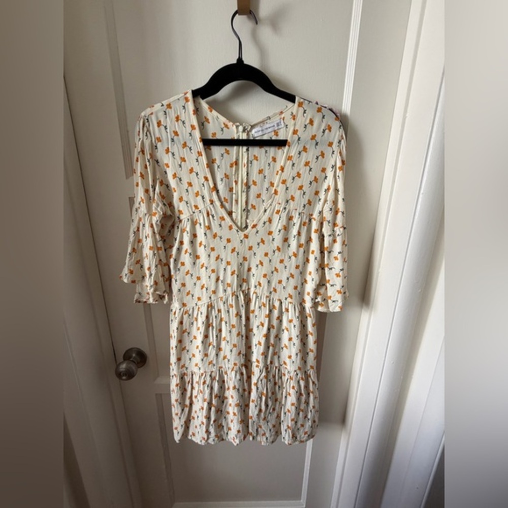Faithfull the Brand Cream Mini Dress with Orange Floral Print